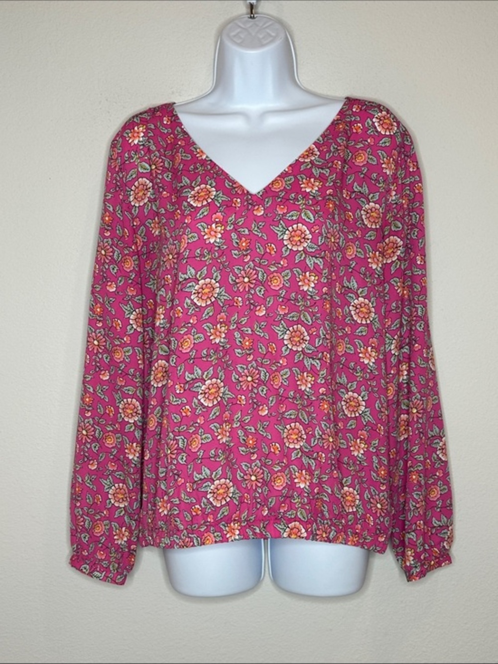 LOFT Pink Floral V-Neck Long Sleeve Tunic